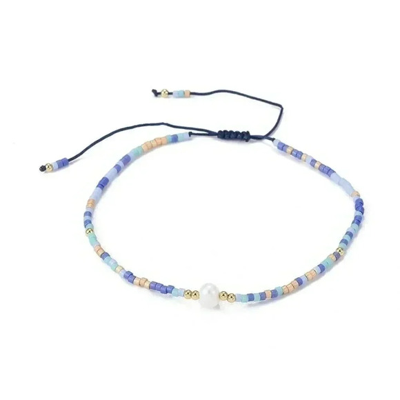 Hand Crafted Real Freshwater Pearl Blue Multi Japanese Glass Beads Bracelet - Picture 2 of 3